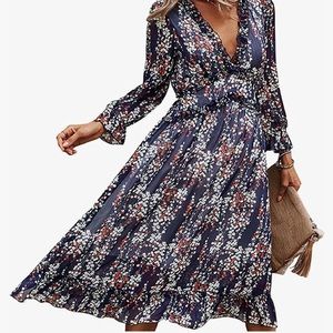 Women's V Neck Floral Boho Midi Dress